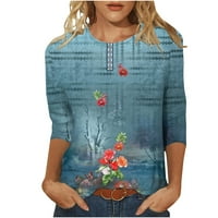 Buigttklop majice s dugim rukavima za žene odobrenje plus veličine Ženska tiskana labava majica rukava bluza okrugli vrat Ležerne prilike plave boje
