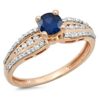 0. Carat 18k Rose Gold Round Blue Sapphire & White Diamond Ladies Solitaire sa akcentima za brisalni zaručnički prsten