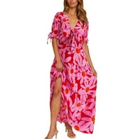 Žene Ljeto Boho haljina Knot Prednji dubok V izrez Kratki rukav Cvjetna kratka casual Party Beach Maxi