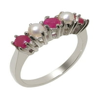 Britanci izrađeni sterling srebrni prirodni rubin i kultivirani biserni ženski prsten - Veličine opcije
