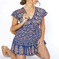 Ženski ljetni omot V ret boemian cvjetni print rukav ljulja na linijski plažni mini haljina