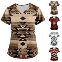 MLQIDK Women Plus veličina Aztec ispisani piling vrhovi V-izrez zapadno etnički grafički T majica Radna