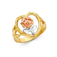 Čvrsta 14k žuta bijela ruža zlato srce i cvjetni prsten cvjetni dizajn dva tona, veličina 5.5