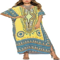 Ženska boemska plemena otisnuta duga haljina V-izrez Elegantna labava krovna haljina dvostrana Split-Yellowone