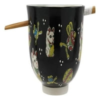 Lucky Cat Japanese Maneki Neko Black Porcelain Ramen Conl sa setom štapići