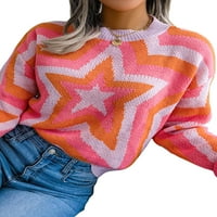 Ženska modna divlji džemper kontrastne boje zvijezde uzorak okrugli vrat dugih rukava pletenim vrhovima