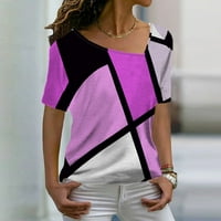 Žene na vrhu Ležerne temperature V-izrez Labavi geometrijski print Majica kratkih rukava Top Hot Pink