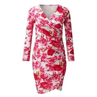 Mini haljine za žene duboki V-izrez cvjetni print dugih rukava Sakrij Tummy Bodycon ruched mini party