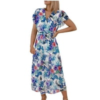 Zunfeo Sundresses za žene- Ležerne kratkih rukava od tiskanog V rect Fortrise Lacing Slim Fit haljina