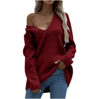 Dukseri za žene ženske moderne duge rukave V izrez labav pulover vrhovi pleteni džemper crveni xl