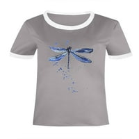 Eleluny Women Majica kratkih rukava Dragonfly Print Tops Crew Crt Casual Bluze Sive S