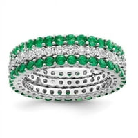 Sterling srebrni rodirani polirani zeleni i bijeli CZ prsten za prsten - veličine 7