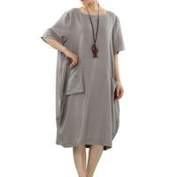 Ženske pamučne platnene haljine kratki rukav vrećicu labave ljetne odjeće w Hi-niski džepovi sive m