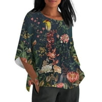 Žene Ljeto pamučno posteljina labavi fit bluza s rukavima retro tiskane majice