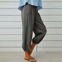Ženske pamučne posteljine obrezane hlače elastične strukske vučne vučne pantalone Ležerne prilike labave salone sa džepovima dame odjeću