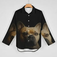 Francuski buldog pas u tamnoj ženskoj smiješnoj gumbi za ispis niz košulje dugih rukava labave bluze