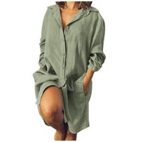 Haljina za haljine žene pamučne i posteljine košulje sa dresima srušena V-izrez duga zeleni xl