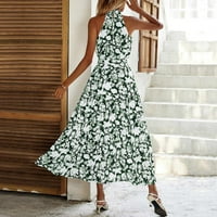 Ležerne haljine za žene bez rukava otisnuta labava srednja dužina A-line mock haljina za izrez Green