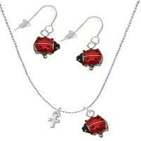 Delight nakit Silvertone Super Mini jednostavni križ Crvene Lucky DameBug ogrlice i viseći minđuše