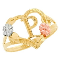 Jackani 10k više-tonski zlatni dijamantni rez cvjetni slovo Početni P srčani prsten