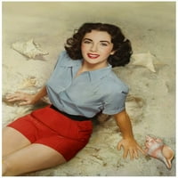 Elizabeth Taylor - sjedi na plaži u plavoj i crvenoj outfit fotografiji Ispis