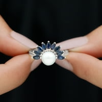 Slatkovodni biserni cvjetni prsten sa plavim safirom za žene, 14k bijelo zlato, US 3,00