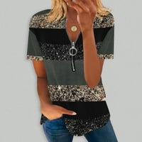 Penskaiy ženska modna labava udobnost V-izrez Zip Ispis kratkih rukava TOP bluza T -SHIrts za žene Paketi