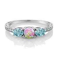 Gem Stone King 2. CT oval Cabochon Pink simulirani Opal Blue Cirkon sterling srebrni prsten