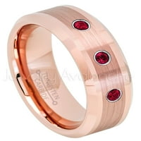 Ruža pozlaćena volfram prsten - 0,21ctw Ruby 3-kameni trake - Personalizirani volframovi vjenčani prsten