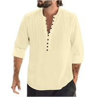 Muške majice pamuka i posteljine narezine fit solidne boje V-izrez dugih rukava sa ovratnik pulover