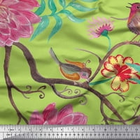 Ptica tkanina sa plavim pamučnim voilom, lišće i cvjetno otisnuto tkaninsko dvorište široko