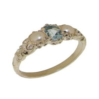 Britanci napravio je 18k bijeli zlatni prirodni akvamarin i kultivirani biserni ženski trilogijski prsten