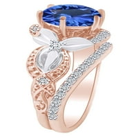 2. Carat okrugli simulirani plavi safir i prirodni dijamantski dvotonski angažman prsten 14K čvrstog