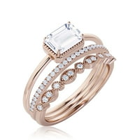 Minimalistički 2. karatni smaragdni rez dijamantski moissanite zaručni prsten, vjenčani prsten u srebru s 18k ružičastog zlata, poklon za nju, obećavaju prsten, obljetni prsten, trio set