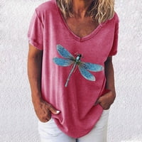 Ženske majice Ženska modna casual labava V-izrez tiskani majica kratkih rukava Top Pink XXL