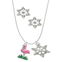 Delight nakit silvertone vruće ružičaste emamel flamingo sa travom srebrnim tonom snježne pahuljicama šarm ogrlica i naušnice