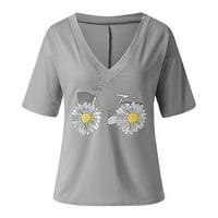 Ženski vrhovi Cvjetna bluza s kratkim rukavima Ležerne dame Modni V-izrez Ljetna tunika Theovi sivi