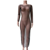 Holloyiver Plus Maxi haljine za žene Ženske rubove s dugim rukavima Sheer mrežna haljina sjajnih bisera