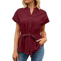 Ženski gumb dolje majica labavi puni boje V V izrez štand pamučna bluza Elegantni okrugli vratni majica