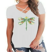 Pfysire Women V-izrez Dragonfly tiskana majica kratki rukav casual top bijeli 5xl