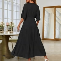 Ljetne haljine za žene Čvrsti V-izrez A-line Dužina gležnja Leisure Haljina kratkih rukava Crna L