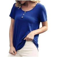 Ženska casual labava COLL CREWNECK Dugme s kratkim rukavima Majica TOPS tipke Comfy Basic Bluza Blue