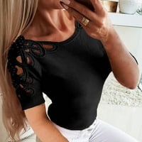 Modna ženska majica kratki rukav čvrsta boja seksi šuplje rame čipke Slim-Fit okrugli vrhovi vrata crne