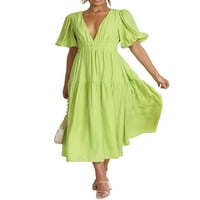 Aturuste ženska ljetna casual midi haljina od pune boje kratkih rukava V izrez Pleased haljine S-XL