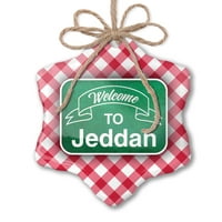 Božićni ukras zeleni znak Dobrodošli u Jeddah Red Plaid Neonblond