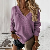 Duks pulover za žene labave džempere V izrez dugih rukava čvrstog pletenog džumbana duksera