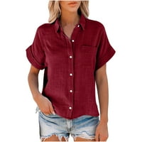 Ichuanyi Womens Cotton Dugme Down majica Casual Short rukava Loo FIT COLLARED posteljina za bluzu s džepom