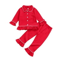 Dječja djevojačka djevojka pidžama dugi rukav revel ruffle hem gumbe crveni vrhovi + hlače odijelo Xmas