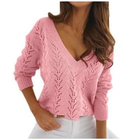Voncos ženske bluze i vrhovi dugih rukava- V izrez Solid Color Jesen i zimska klirens modne bluze za žene Dressy Ružičasti veličine 2xl