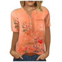 Tking Fashion Ženski kratki rukav cvjetni vrhovi za ispis V Vrat Loose Dupka Ljetne T majice sa džepom